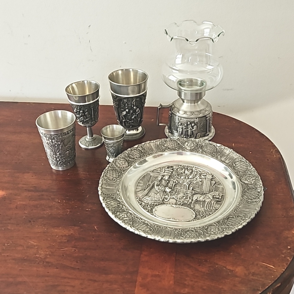 Vintage German Pewter Plate, Glasses and Candle Holder